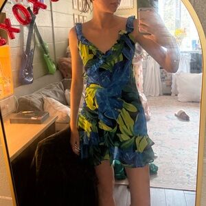 Vibrant Blue and Green Ruffle Mini Dress